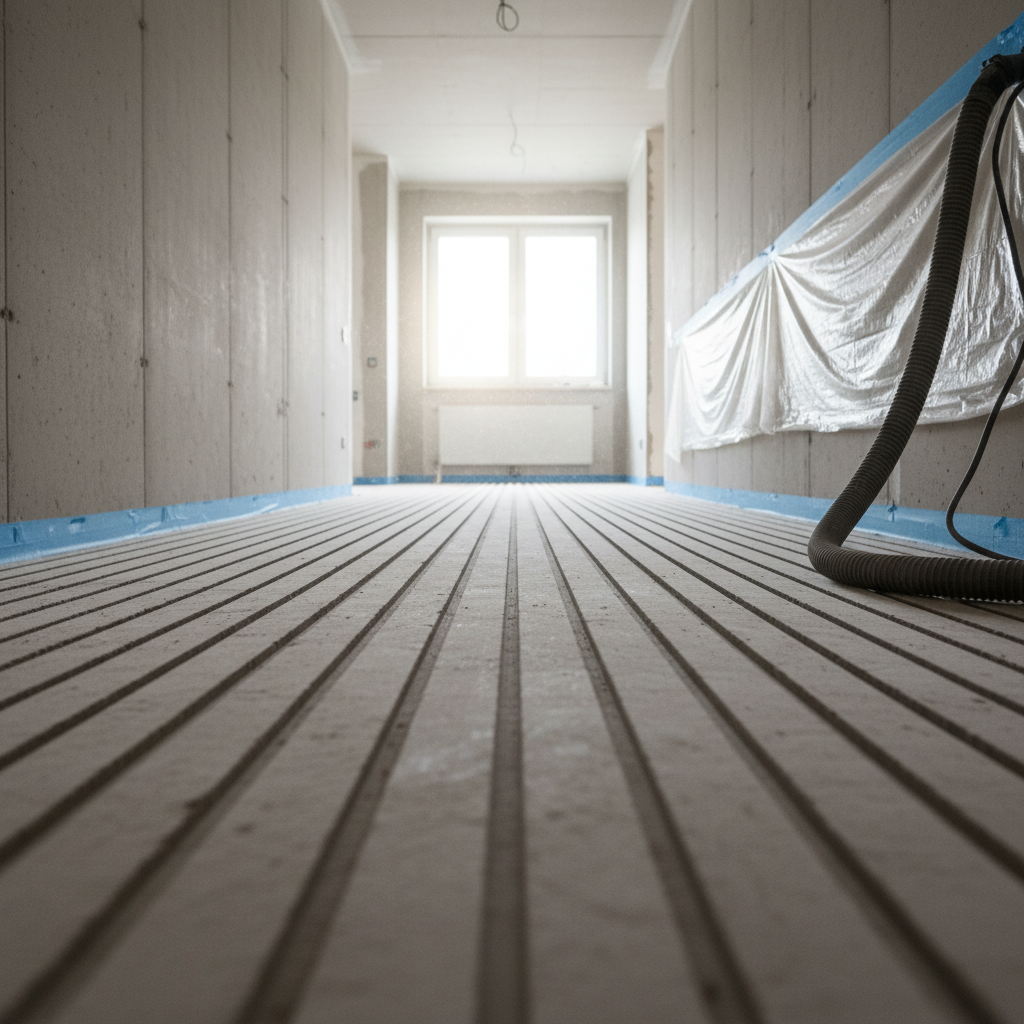 A corridor in a partially renovated Frankfurt apartment building, its screed floor neatly milled with continuous, parallel underfloor heating channels running the full length of the hallway. The focus is on the perspective lines of the grooves, leading the eye toward a bright window at the end, where soft daylight enters and illuminates the dust-controlled worksite. The walls are masked with protective tape and plastic sheeting along the base, and a vacuum extraction hose lies tidily to one side, hinting at clean milling technology. Photographic realism with a low, floor-level angle emphasizes the precision of the channels and creates a professional, efficient mood suitable for a specialized heating contractor.
