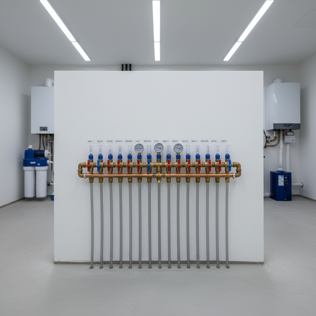 A utility or boiler room in a renovated Frankfurt house, focusing on the manifold of a newly installed underfloor heating system. The main subject is a neat row of labeled circuits with red and blue adjustment valves and transparent flow meters, all mounted on a clean white wall above a smooth screed floor. Flexible plastic heating pipes emerge from the floor and connect in perfect order to the manifold. Cool, even artificial lighting from overhead LED fixtures provides clear visibility, with gentle reflections on the metal parts. Shot straight-on at eye level with sharp focus, the photographic image conveys technical competence, orderliness, and reliability in modern floor heating systems.