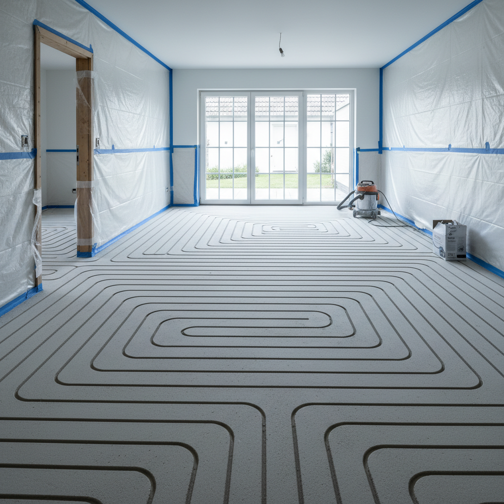 A technical yet realistic scene of an empty ground-floor space in a Frankfurt family house, the screed floor freshly milled with evenly spaced channels forming a serpentine pattern for underfloor heating. No pipes are laid yet, emphasizing the precision of the milling in the light-grey screed surface. Protective plastic sheeting covers the lower walls and door frames, indicating careful, dust-conscious work preparation. Cool, neutral daylight from a large patio door illuminates the floor, creating gentle, elongated shadows that accentuate the groove pattern. Photographic realism, eye-level wide-angle composition, and a clean, orderly jobsite produce a calm, trustworthy atmosphere focused on the milling process in existing screed.
